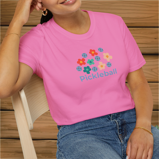 Retro Pickleball Flowers: Unisex Softstyle T-Shirt