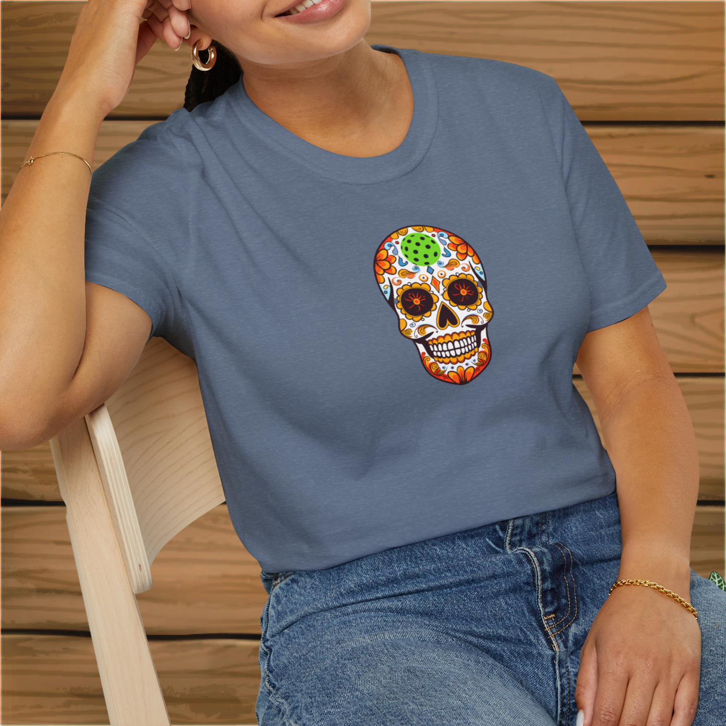 Day of the Dead Pickleball Skull: Unisex Softstyle T-Shirt